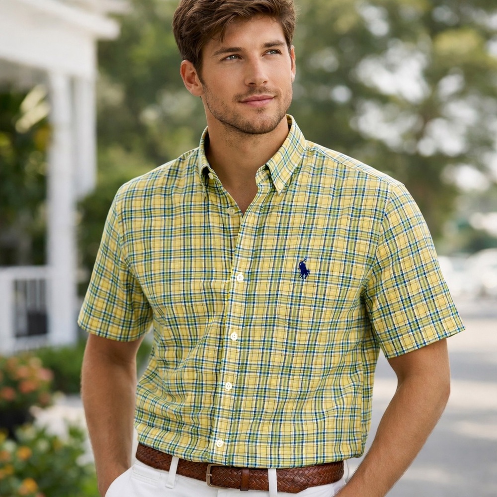 Polo Ralph Lauren Blake Plaid Button Down Shirt Yellow Green Cotton L